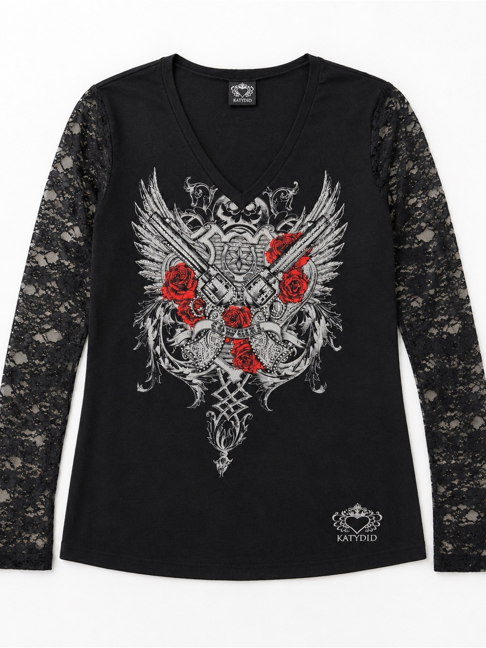 Katydid Cowgirl Black Lace-Sleeve V-Neck Top with Red Rose Graphic - Women’s 2XL - Picture 4 of 12